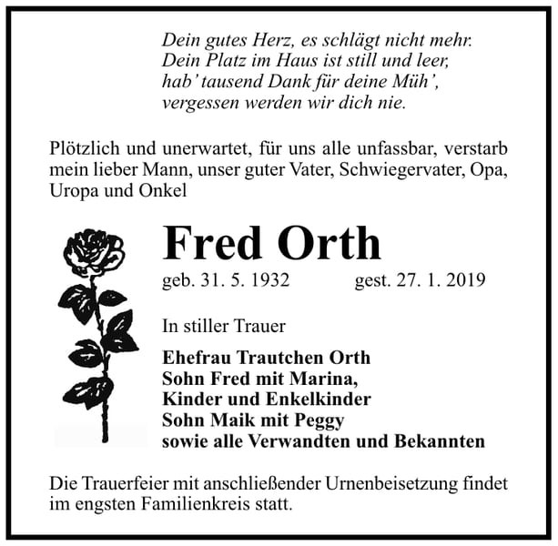 Traueranzeige Fred Orth