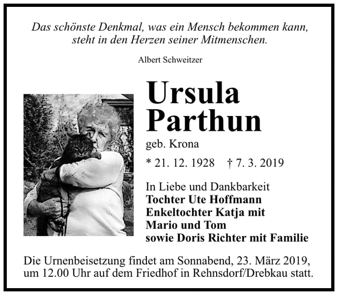 Traueranzeige Ursula Parthun, geb. Krona
