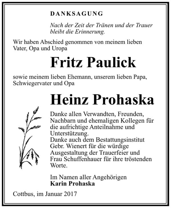 Danksagung Heinz Prohaska