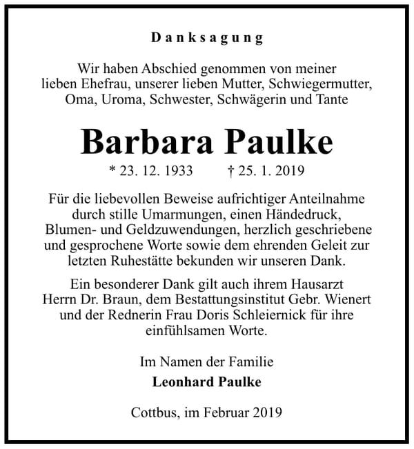 Traueranzeige Barbara Paulke