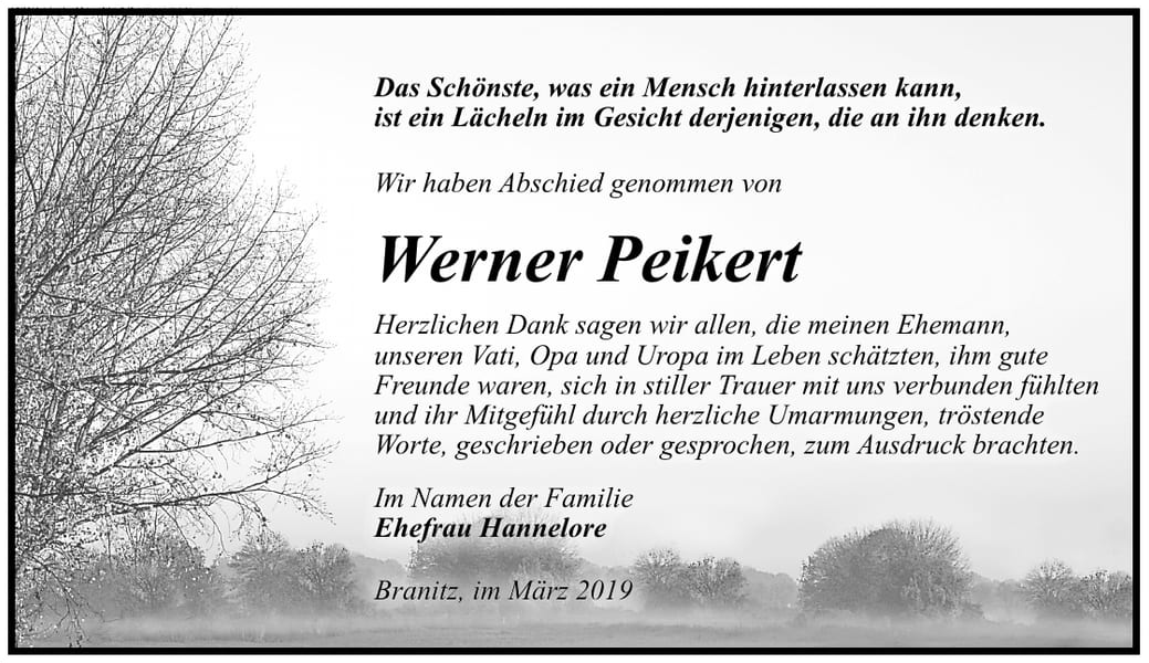 Traueranzeige Werner Peikert