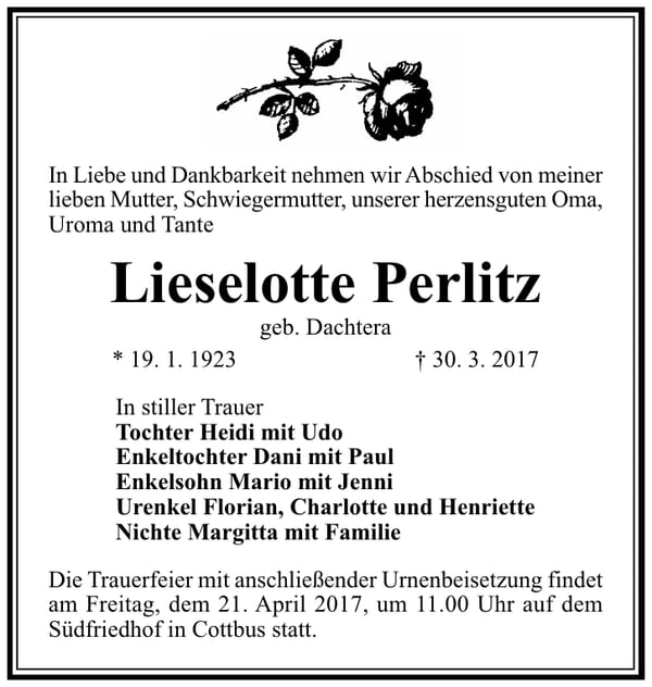Traueranzeige Lieselotte Perlitz, geb. Dachtera