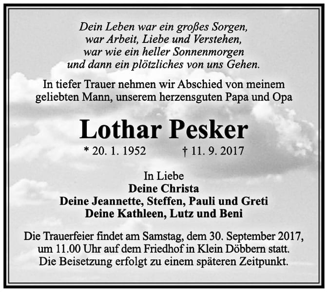Traueranzeige Lothar Pesker