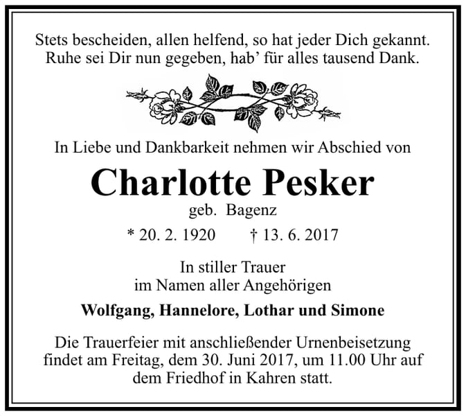 Traueranzeige Charlotte Pesker, geb. Bagenz