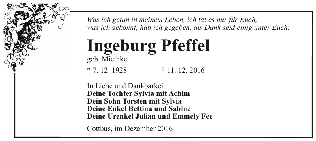 Traueranzeige Ingeburg Pfeffel, geb. Miethke