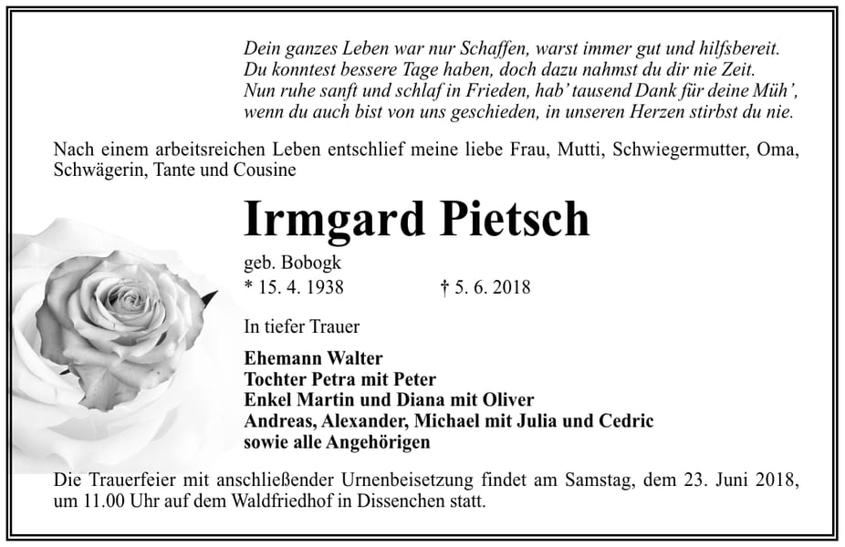Traueranzeige Irmgard Pietsch, geb. Bobogk