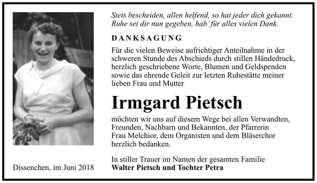 Danksagung Irmgard Pietsch