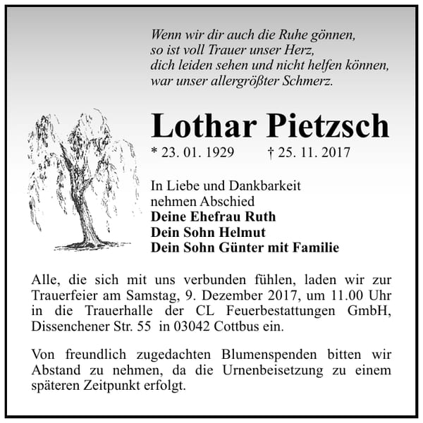 Traueranzeige Lothar Pietzsch