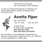 Traueranzeige Anette Piper, geb. Schwiontek