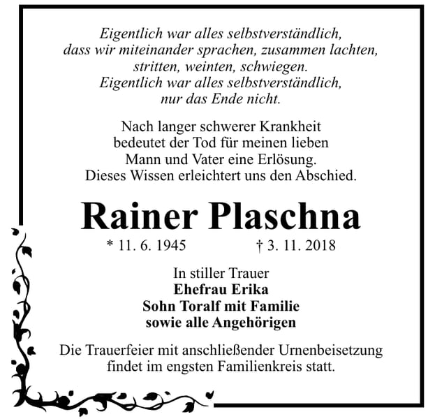 Traueranzeige Rainer Plaschna