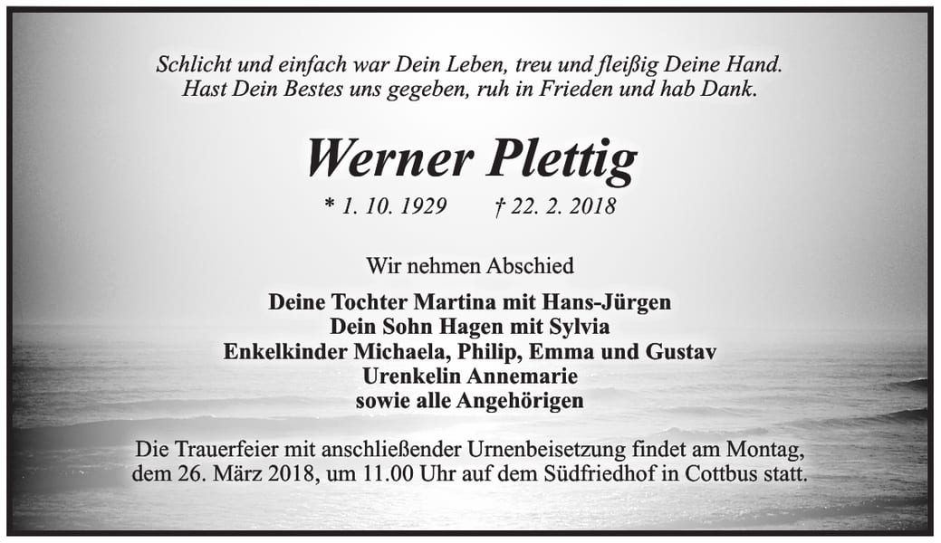 Traueranzeige Werner Plettig