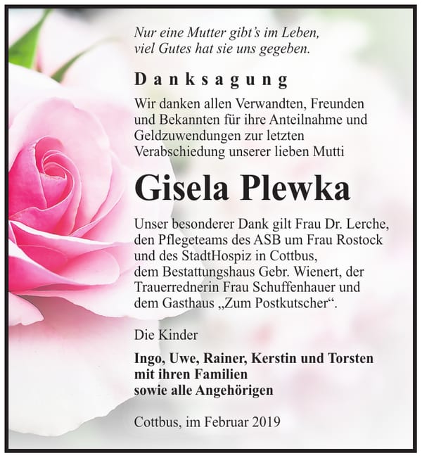 Traueranzeige Gisela Plewka