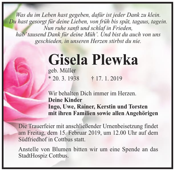 Traueranzeige Gisela Plewka, geb. Müller
