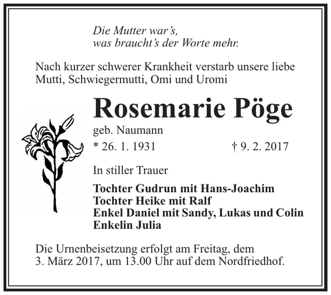 Traueranzeige Rosemarie Pöge, geb. Naumann
