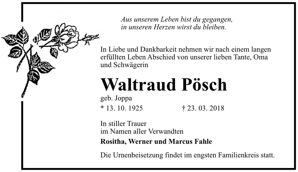 Traueranzeige Waltraud Pösch, geb. Joppa