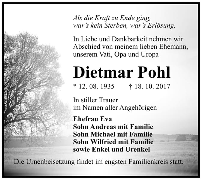 Traueranzeige Dietmar Pohl