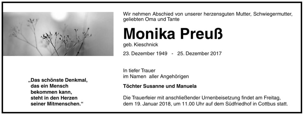 Traueranzeige Monika Preuß, geb. Kieschnic