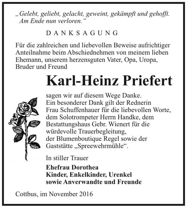 Danksagung Karl-Heinz Priefert