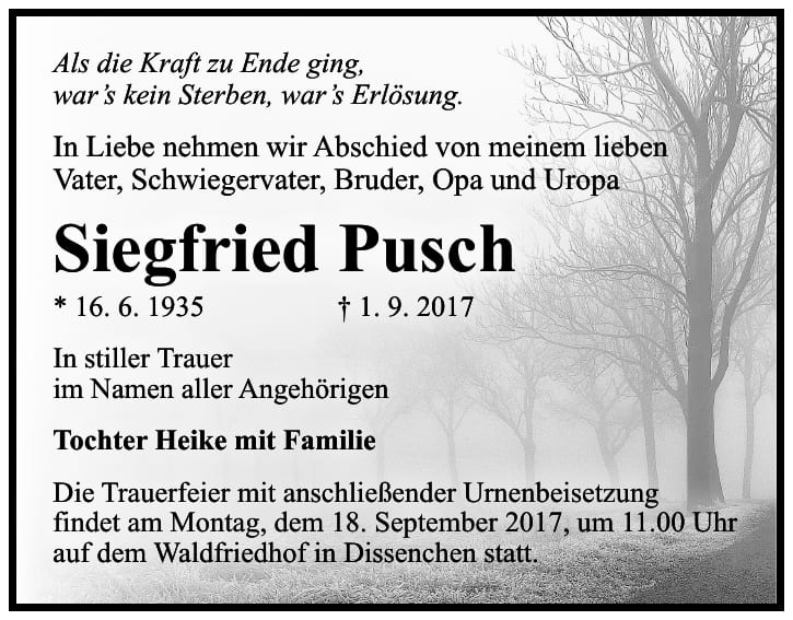 Traueranzeige Siegfried Pusch