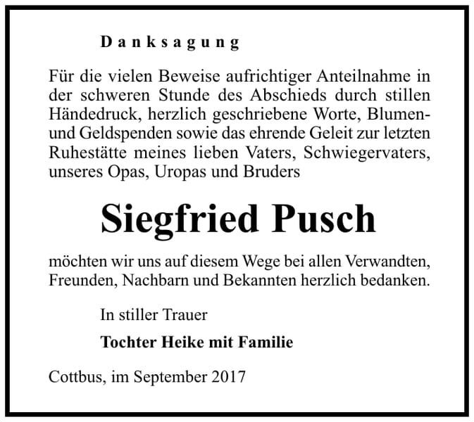 Danksagung Siegfried Pusch