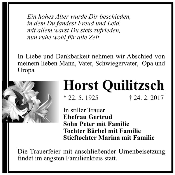 Traueranzeige Horst Quilitzsch
