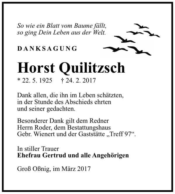 Danksagung Horst Quilitzsch
