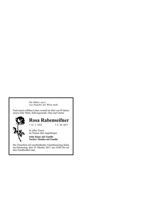 Traueranzeige Rosa Rabenseifner