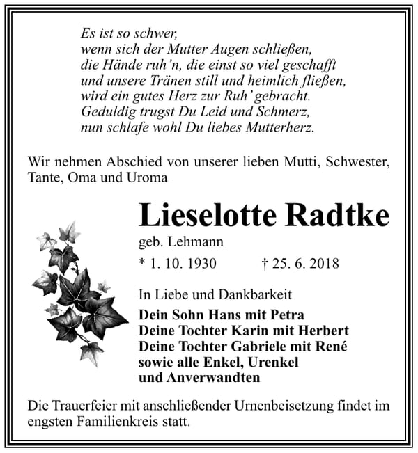 Traueranzeige Lieselotte Radtke, geb. Lehmann