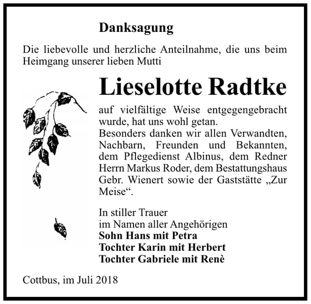 Danksagung Lieselotte Radtke