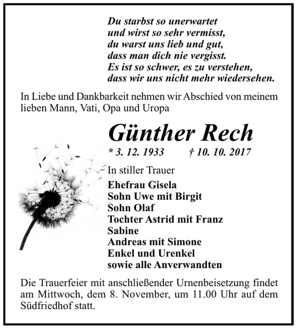 Traueranzeige Günther Rech
