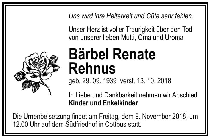 Traueranzeige Bärbel Renate Rehnus