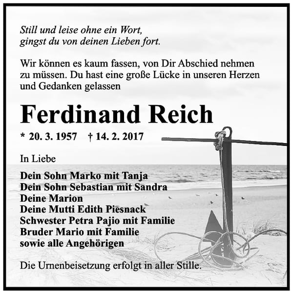 Traueranzeige Ferdinand Reich
