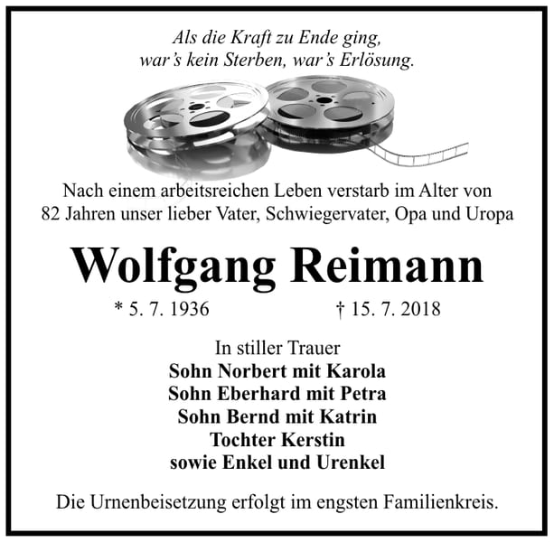Traueranzeige Wolfgang Reimann