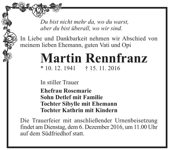Traueranzeige Martin Rennfranz