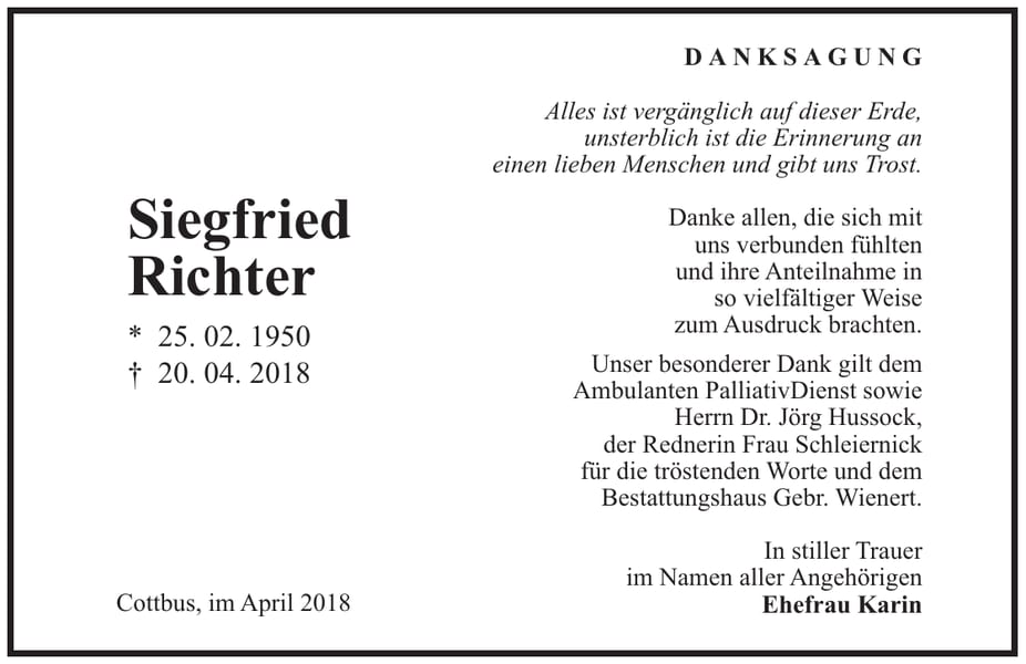 Danksagung Siegfried Richter