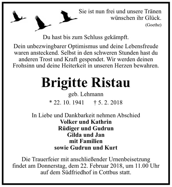 Traueranzeige Brigitte Ristau, geb. Lehmann