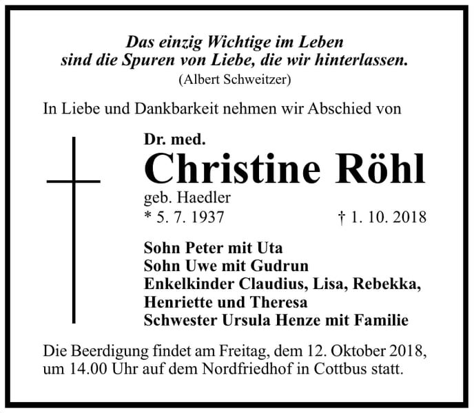 Traueranzeige Christine Röhl, geb. Haedler