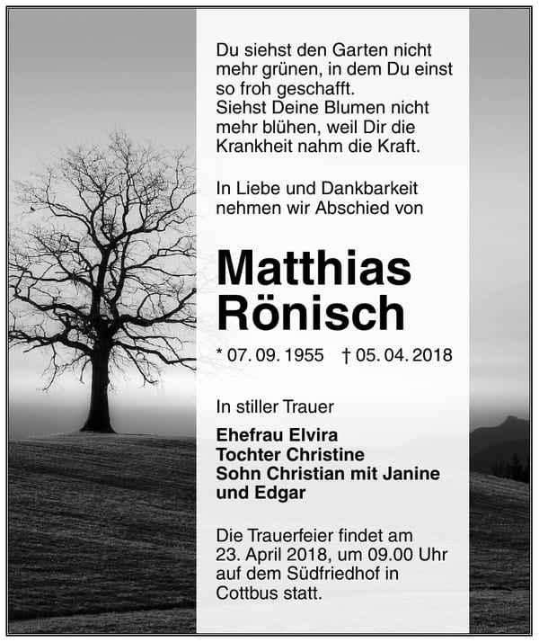 Traueranzeige Matthias Rönisch