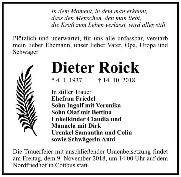 Traueranzeige Dieter Roick