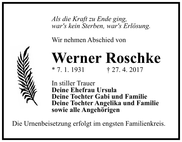 Traueranzeige Werner Roschke