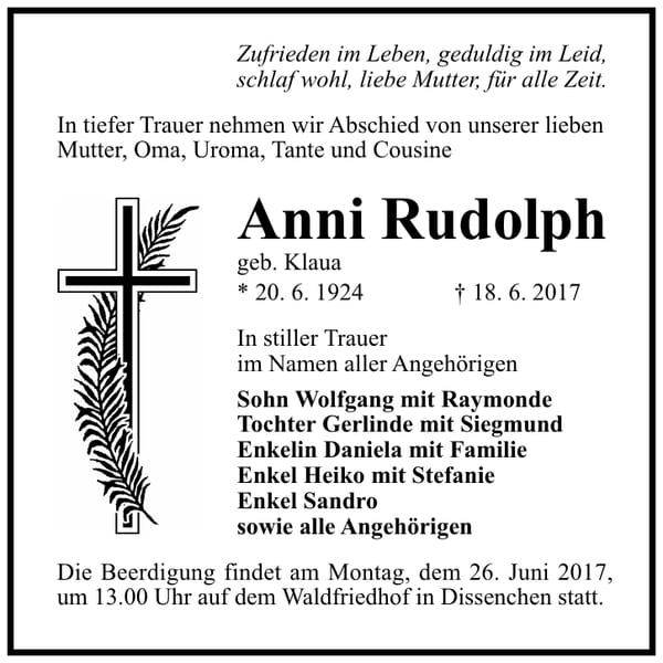 Traueranzeige Anni Rudolph, geb. Klaua