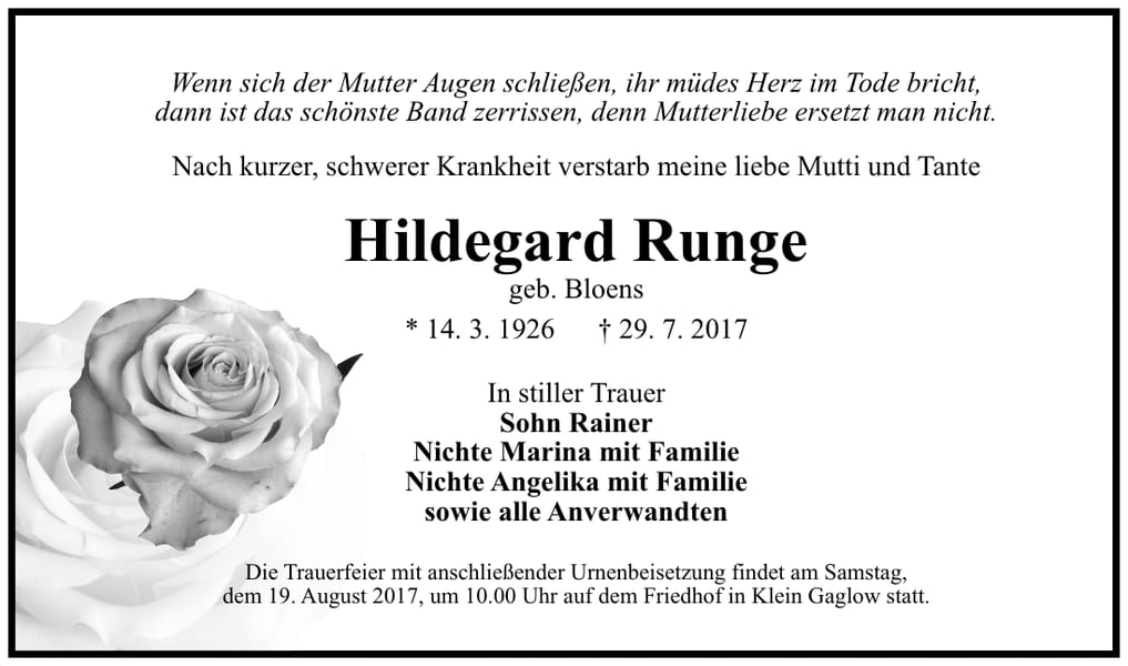 Traueranzeige Hildegard Runge, geb. Bloens