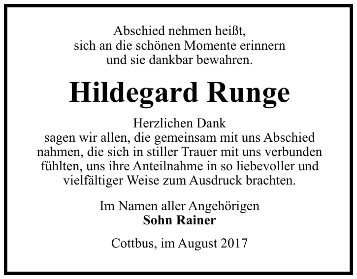 Danksagung Hildegard Runge