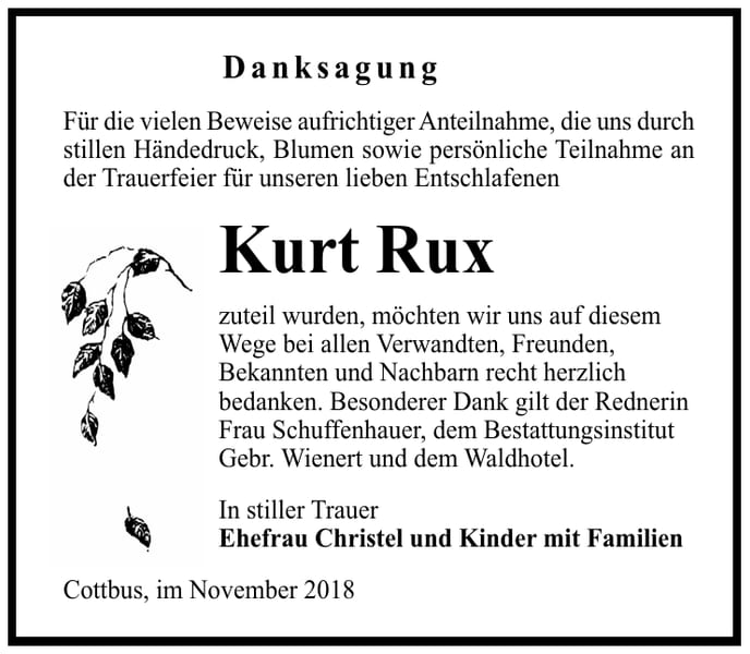 Danksagung Kurt Rux