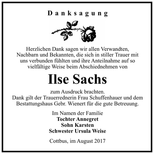 Danksagung Ilse Sachs