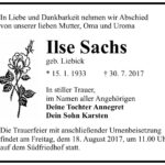 Traueranzeige Ilse Sachs, geb. Liebick