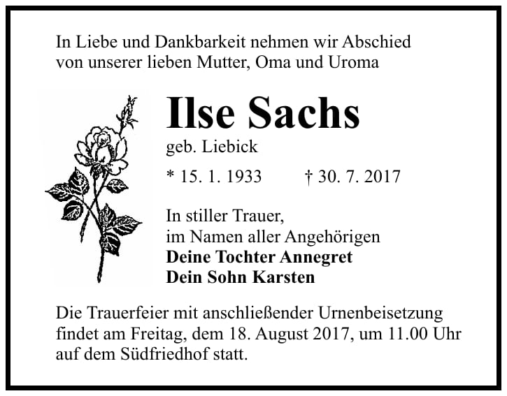 Traueranzeige Ilse Sachs, geb. Liebick
