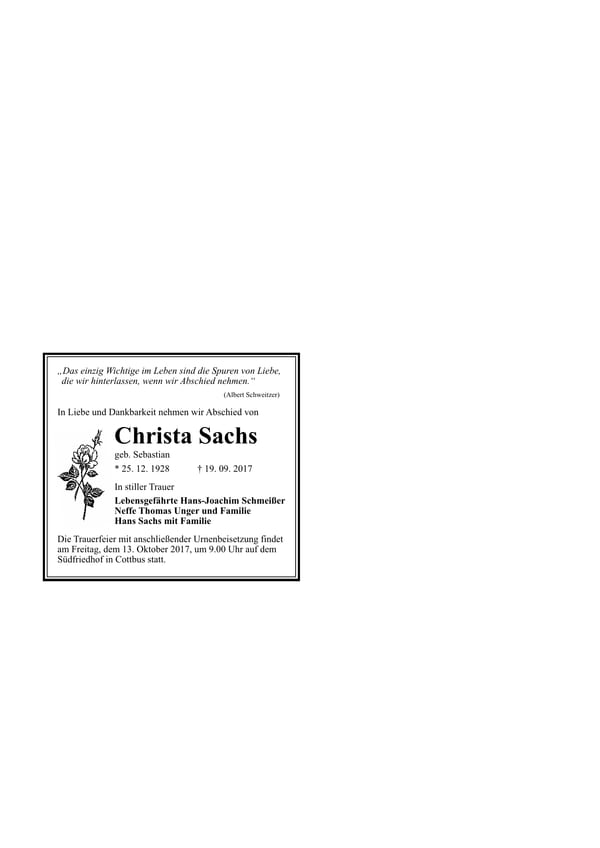 Traueranzeige Christa Sachs, geb. Sebastian