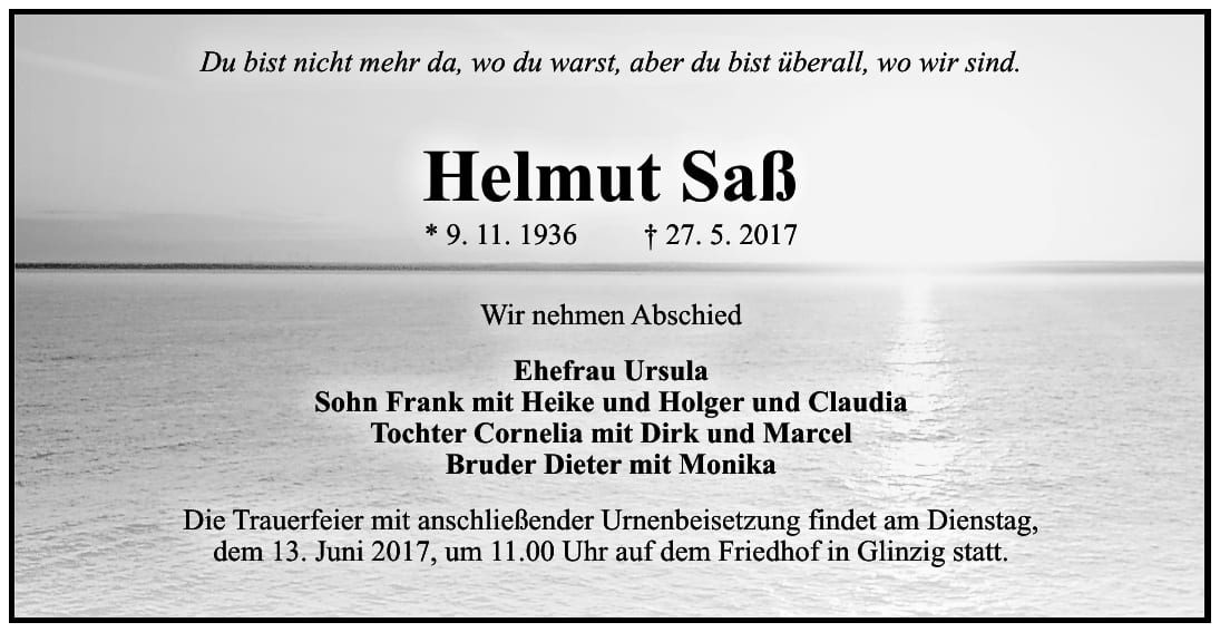 Traueranzeige Helmut Saß