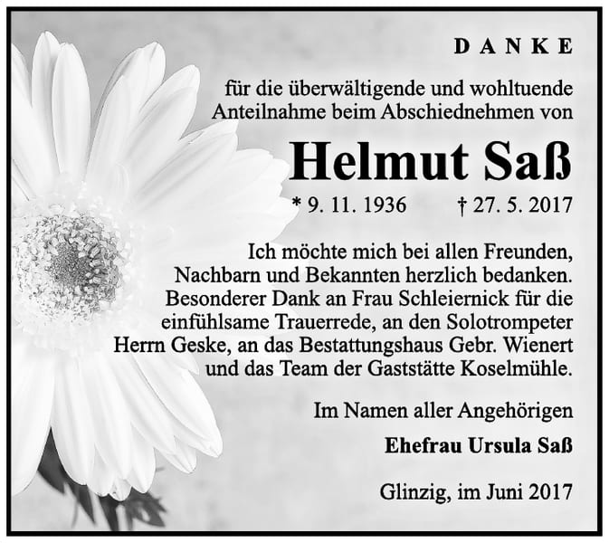 Danksagung Helmut Saß